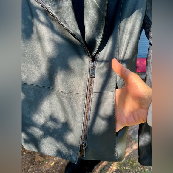 Vince 100% Goat Leather Moto Jacket Funnel Neck S Womens Charcoal Grey - Picture 10 of 16